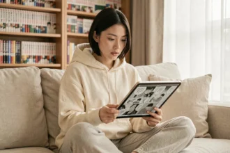 Jeune femme découvrant la lecture de manga numérique sur tablette avec l'application Epsilon scan.to