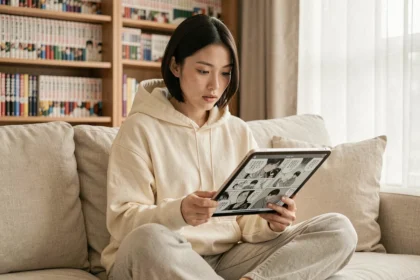 Jeune femme découvrant la lecture de manga numérique sur tablette avec l'application Epsilon scan.to