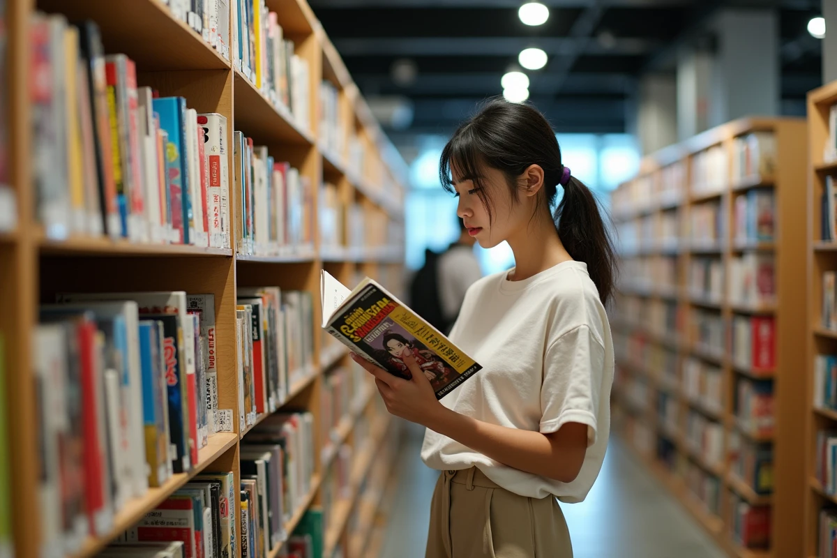Jeune femme découvrant des mangas shonen dans une librairie moderne aux rayonnages bien organisés