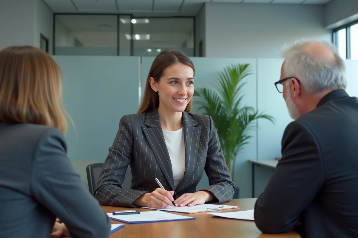 Jeune femme notaire en costume gris consultant un couple de clients autour d'une table de conférence dans un office moderne