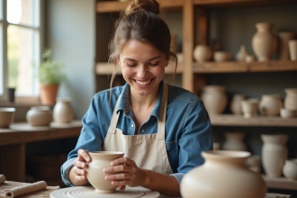 Jeune femme façonnant un vase en argile dans un atelier parisien