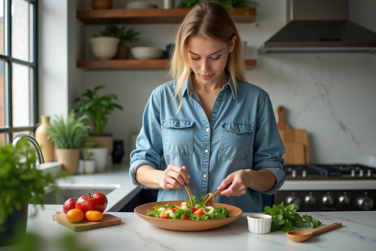 Jeune femme assemble une salade colorée dans une cuisine moderne