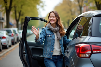 Jeune femme saluant en sortant d'une voiture compacte