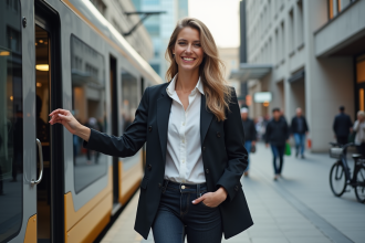 Jeune femme professionnelle montant dans un tram en ville