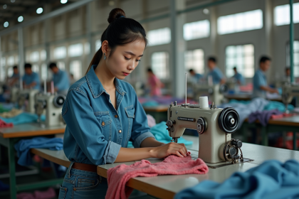 Jeune femme travaillant dans une usine textile avec machine à coudre