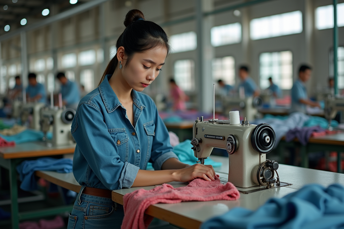Jeune femme travaillant dans une usine textile avec machine à coudre