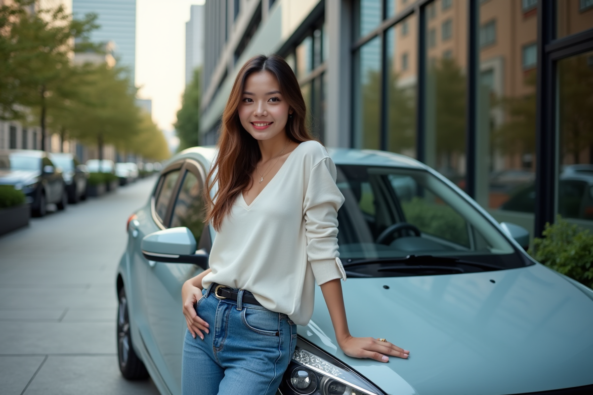 Jeune femme souriante posant sur sa voiture en ville moderne