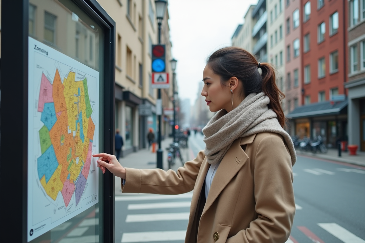 Jeune femme regardant une carte de zonage en extérieur