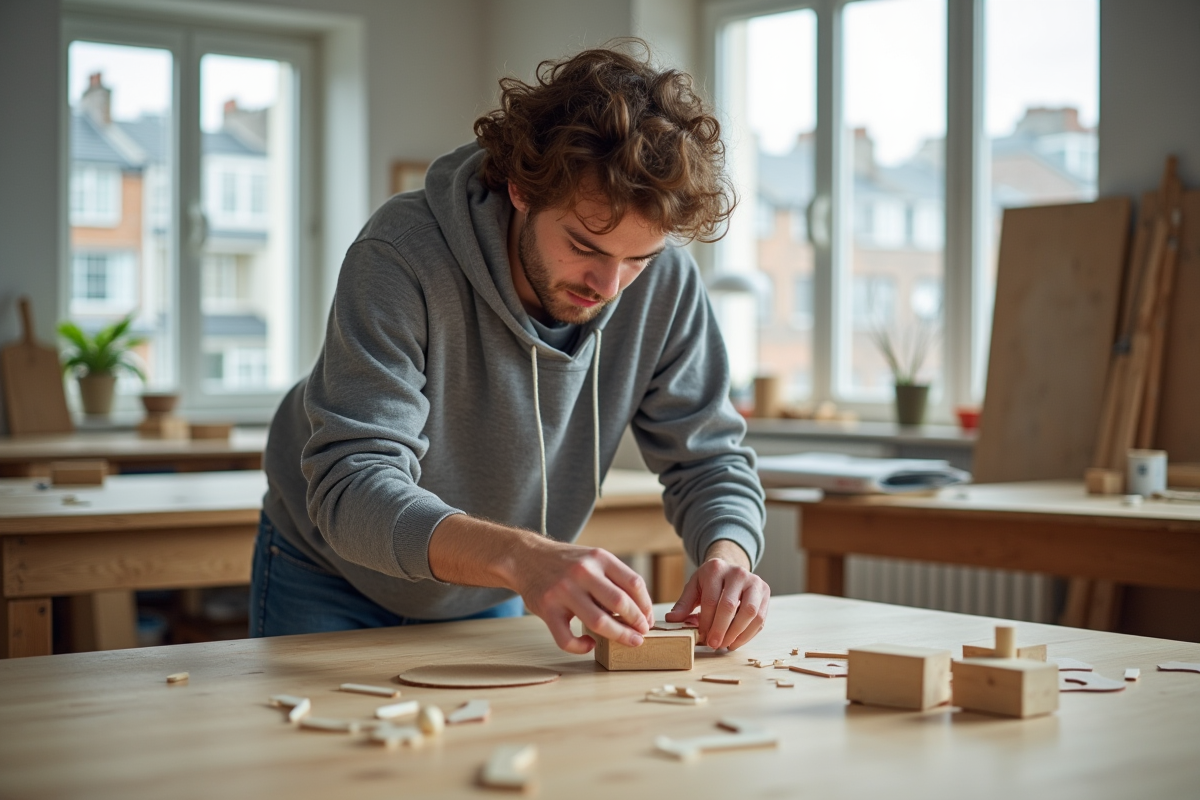 Jeune homme assemble un modele en atelier lumineux