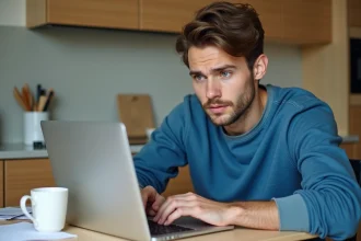Jeune homme en sweatshirt bleu utilisant un ordinateur portable