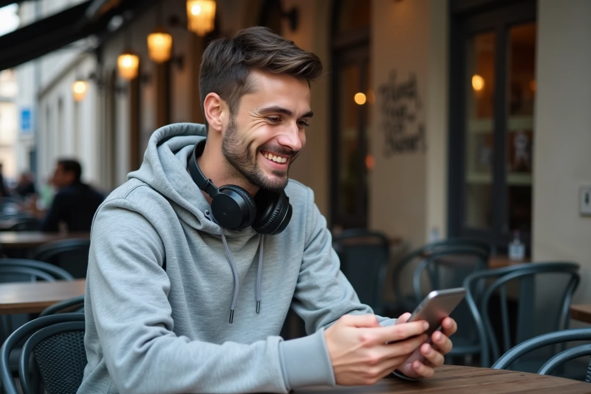 Jeune homme au café répondant en ligne