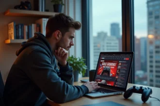 Jeune homme sceptique regardant un site de fausses nouvelles sur GTA 6 sur son ordinateur portable dans un bureau à domicile