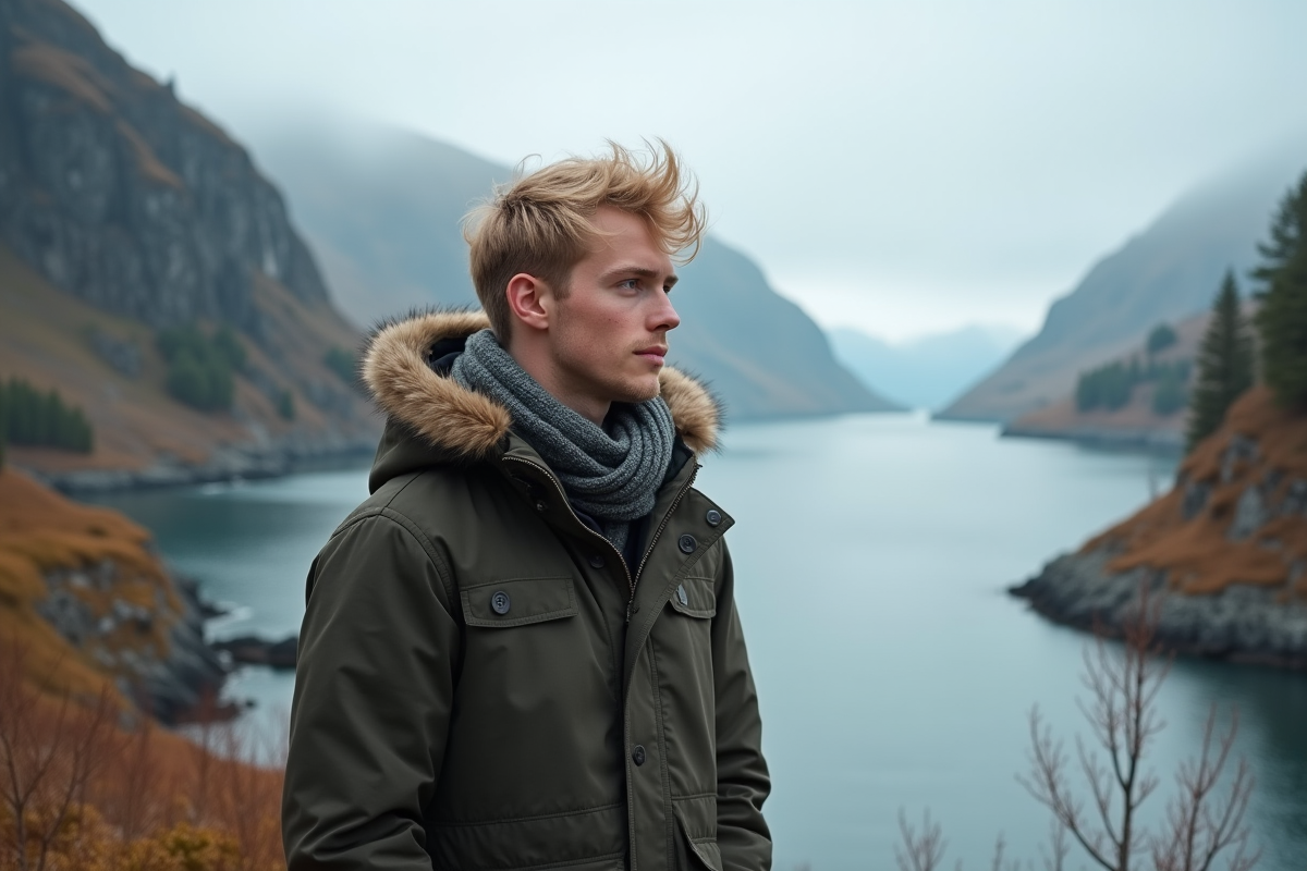 Jeune homme regardant un fjord scandinave en extérieur