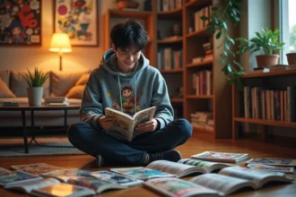 Jeune homme lisant des mangas shonen dans un appartement cosy entouré de volumes illustrés colorés