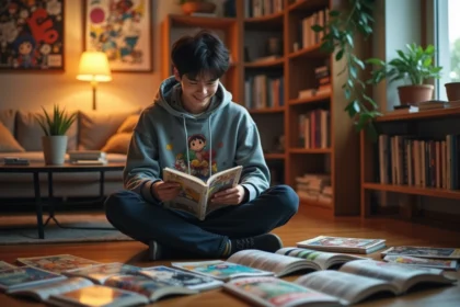 Jeune homme lisant des mangas shonen dans un appartement cosy entouré de volumes illustrés colorés