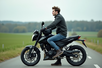Jeune homme en moto 125cc sur route rurale en test