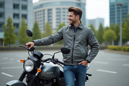 Jeune homme souriant à côté d'une moto Avengers 125 en ville