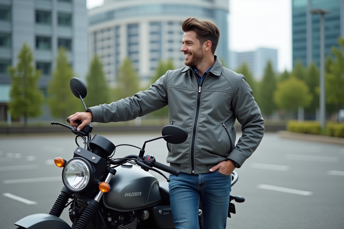 Jeune homme souriant à côté d'une moto Avengers 125 en ville