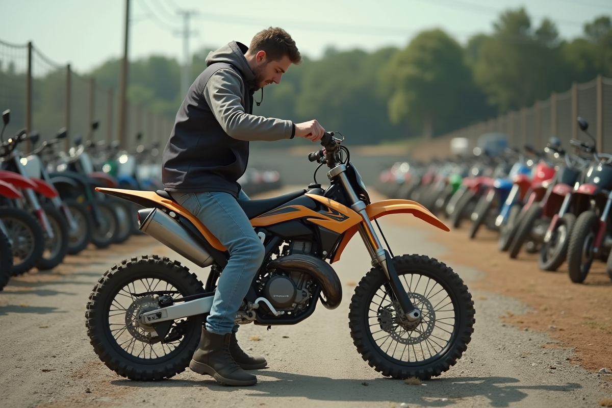 Jeune homme inspectant une moto 125cc en extérieur