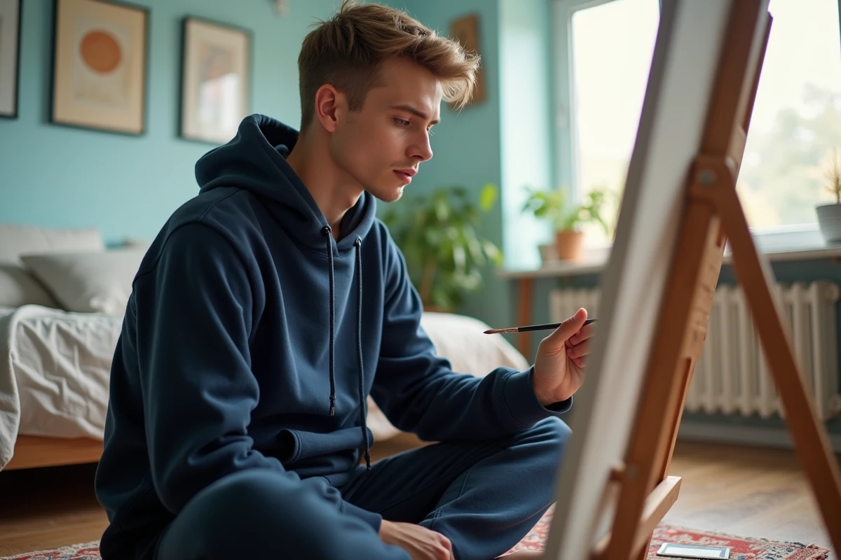 Jeune homme peignant dans sa chambre moderne et créative
