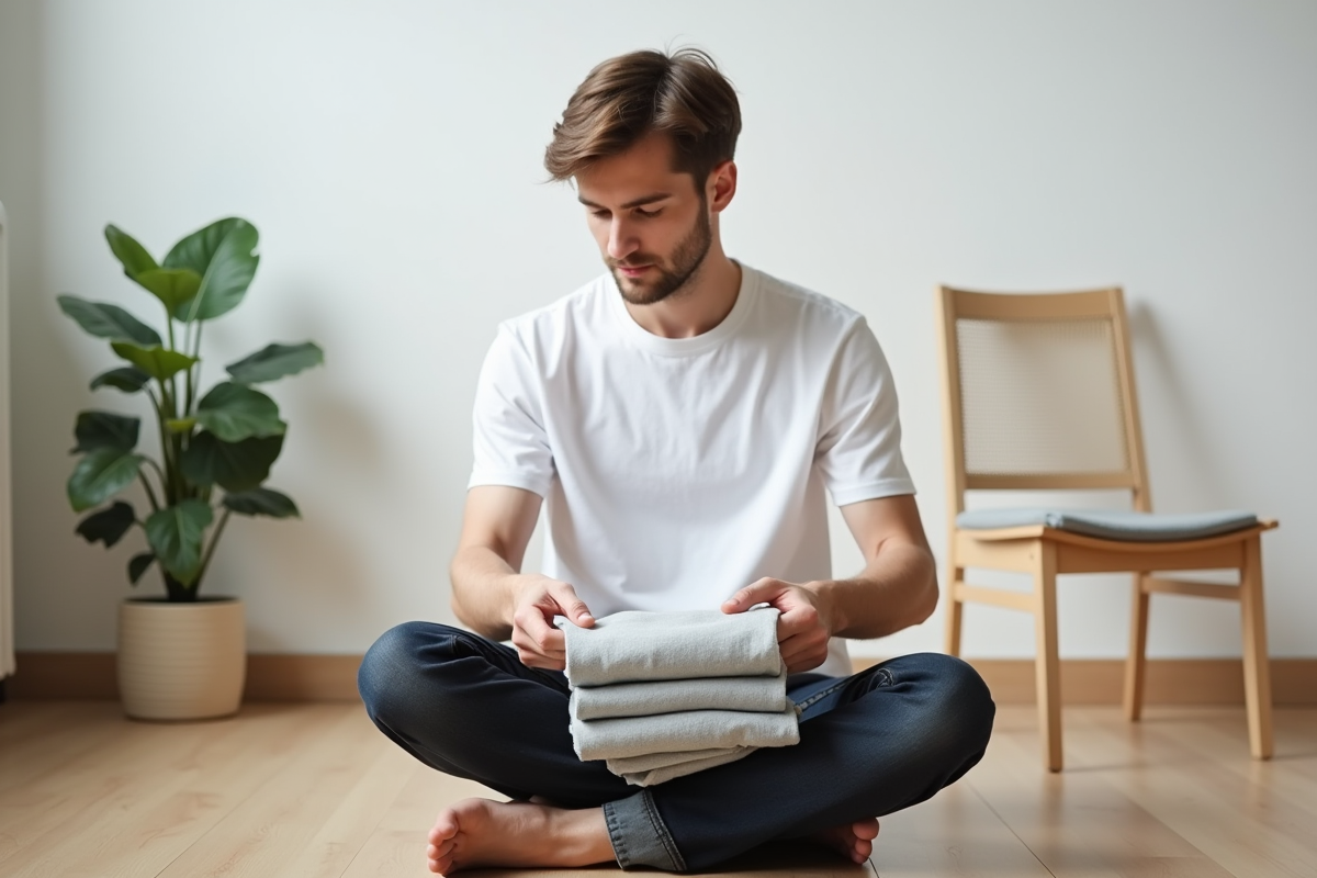 Jeune homme assis pliant des vêtements dans un intérieur minimaliste