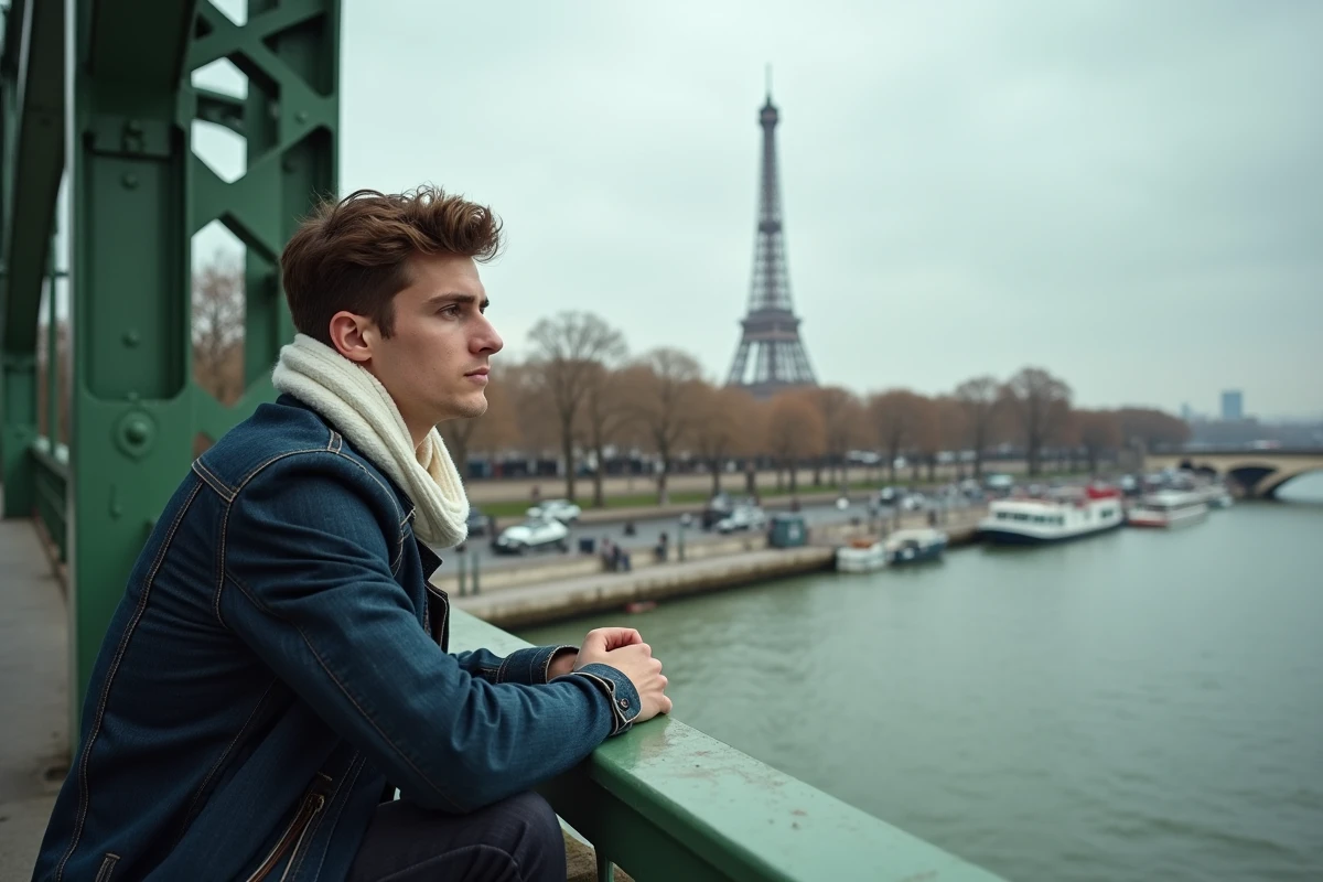 Jeune homme sur le pont de Paris regardant la Seine
