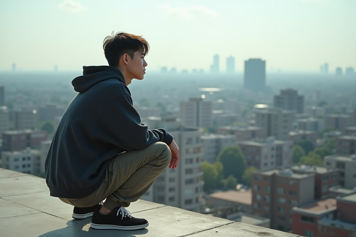 Jeune homme contemplant la ville depuis un toit