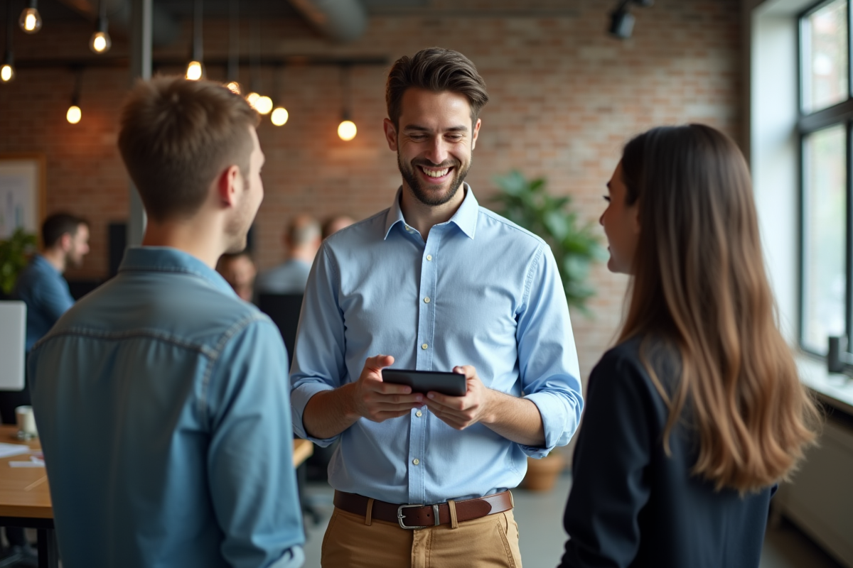 Jeune homme en coworking urbain discutant avec collègues