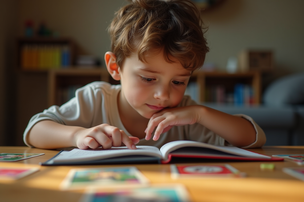 Jeune lisant un livre de règles avec des cartes colorées