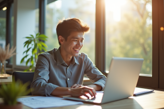 Jeune professionnel souriant avec ordinateur dans appartement lumineux