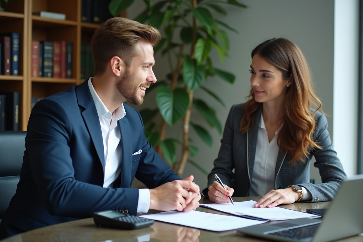 Jeune homme professionnel avec notaire dans un bureau moderne