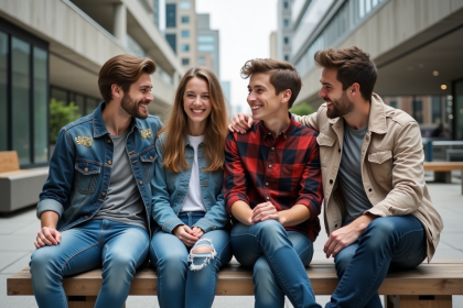 Groupe de jeunes adultes souriants en ville avec vêtements tendance