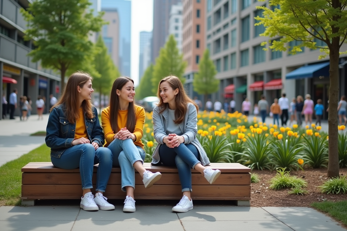 Trois adolescents discutant sur un banc dans un parc urbain