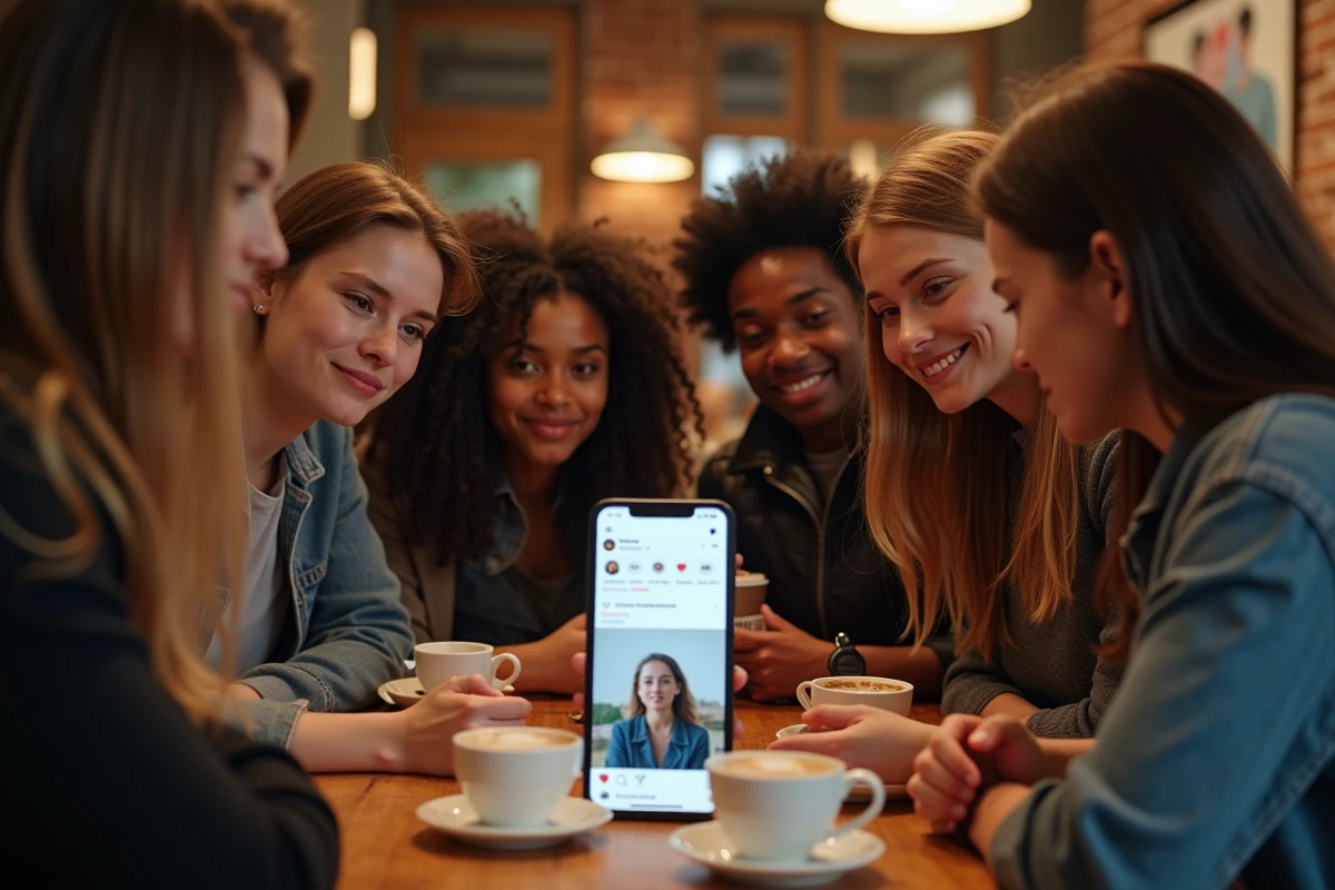 Groupe de jeunes adultes français réunis dans un café parisien autour d'un smartphone affichant un profil Instagram politique populaire