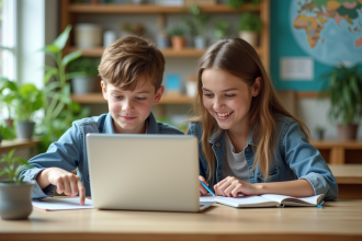 Jeunes étudiants en classe moderne collaborant sur un ordinateur