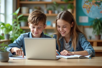 Jeunes étudiants en classe moderne collaborant sur un ordinateur