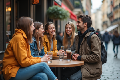 Groupe de jeunes en mode urbaine dans un café en ville