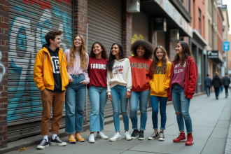 Groupe d'adolescents en streetwear vintage dans la ville