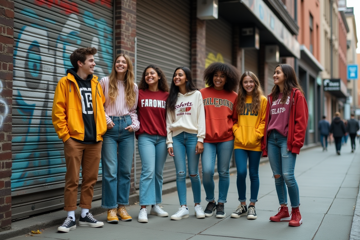 Groupe d'adolescents en streetwear vintage dans la ville