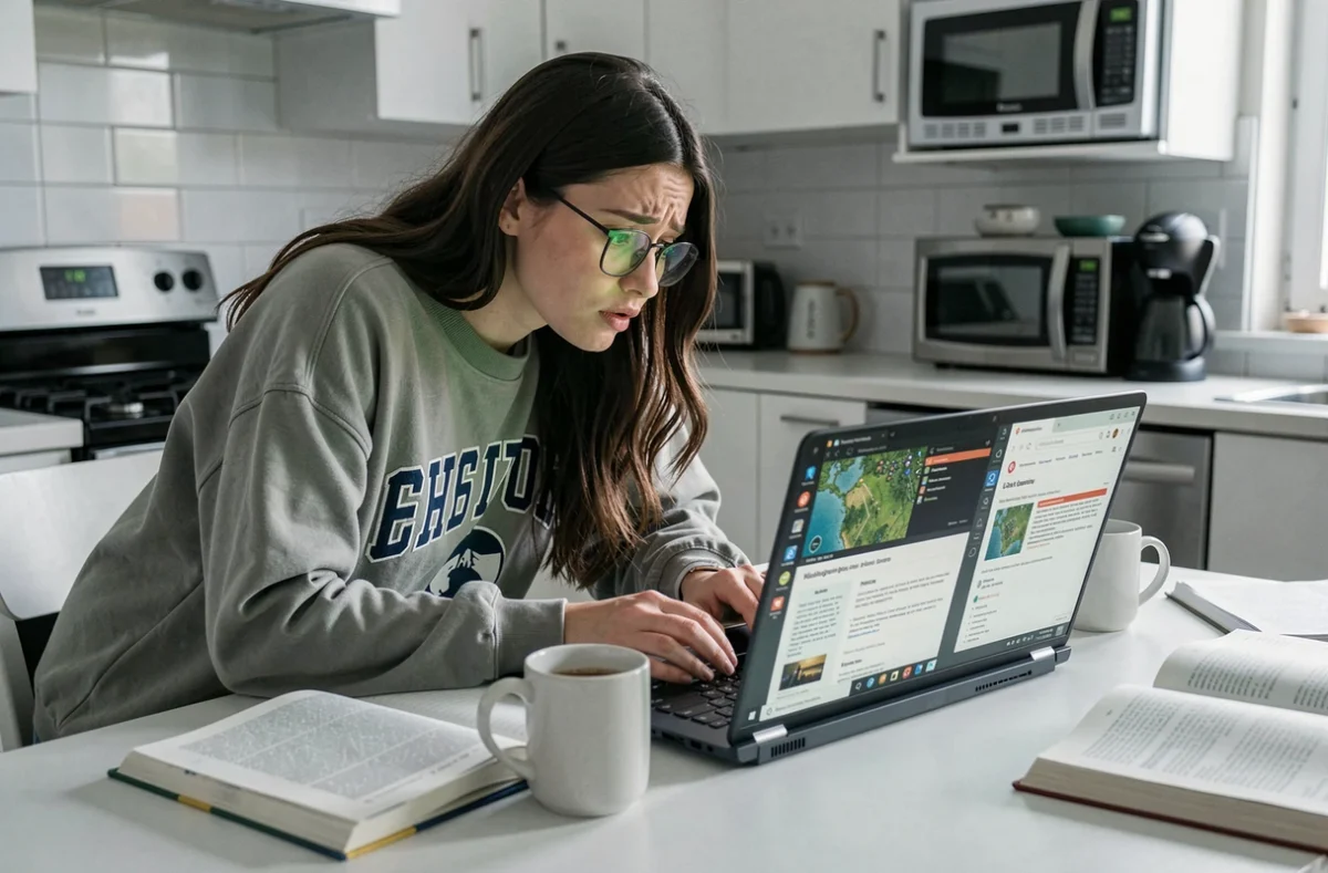 Jeune femme confuse consultant un guide en ligne pour éviter les erreurs de progression dans un jeu de rôle en ligne