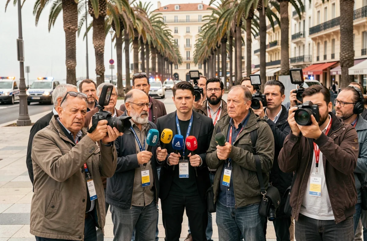 Journalistes et photographes de presse réunis devant le périmètre de sécurité lors d'un incident à Cannes