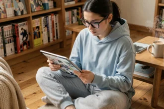 Jeune femme lisant des manhwa et manga BL sur une tablette numérique dans une chambre cosy entourée de volumes de manga