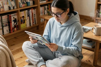 Jeune femme lisant des manhwa et manga BL sur une tablette numérique dans une chambre cosy entourée de volumes de manga