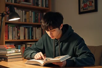 Jeune homme lisant un manga Solo Leveling sur un bureau en bois entouré de volumes de manhwa