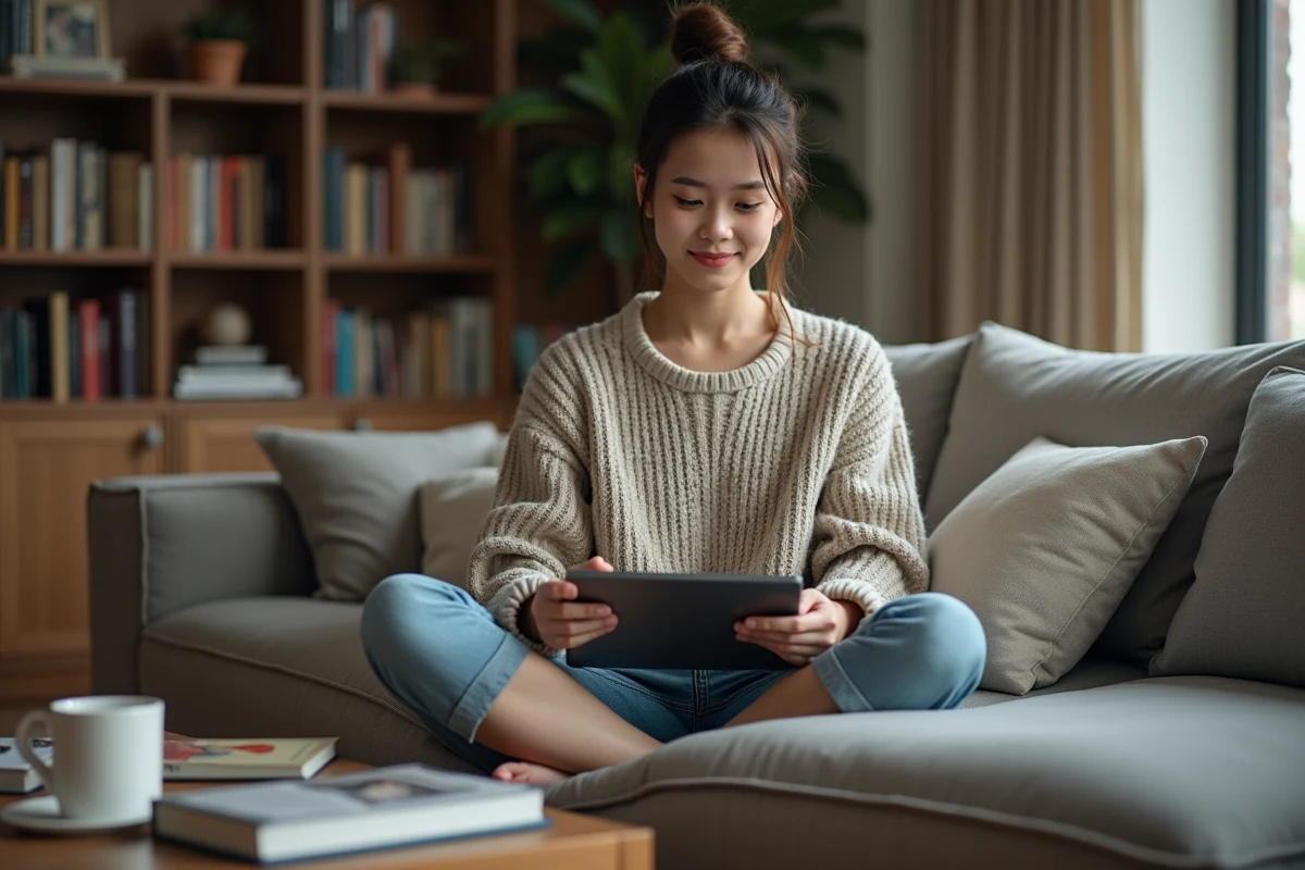 Jeune femme lisant le manhwa Solo Leveling en numérique sur une tablette confortablement installée dans son salon
