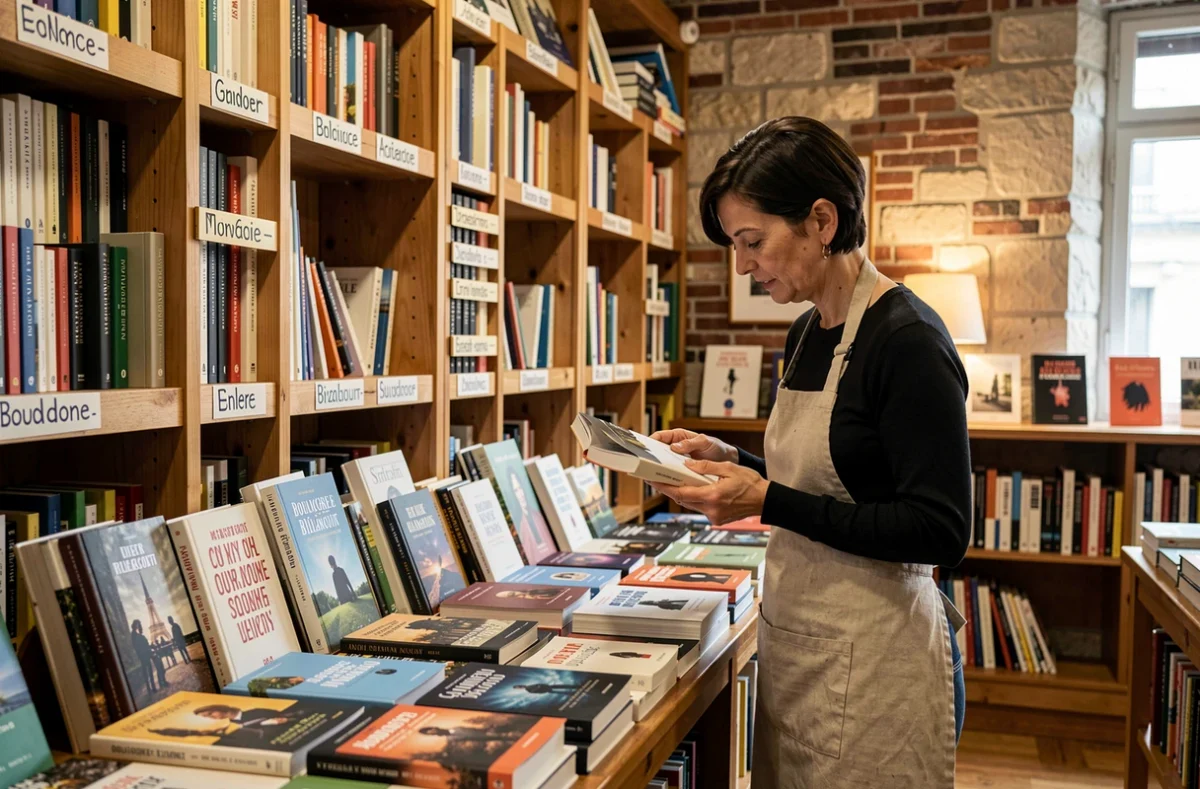 Libraire arrangeant une table de nouveautés dans la librairie Les Mots et les Choses à Boulogne-Billancourt
