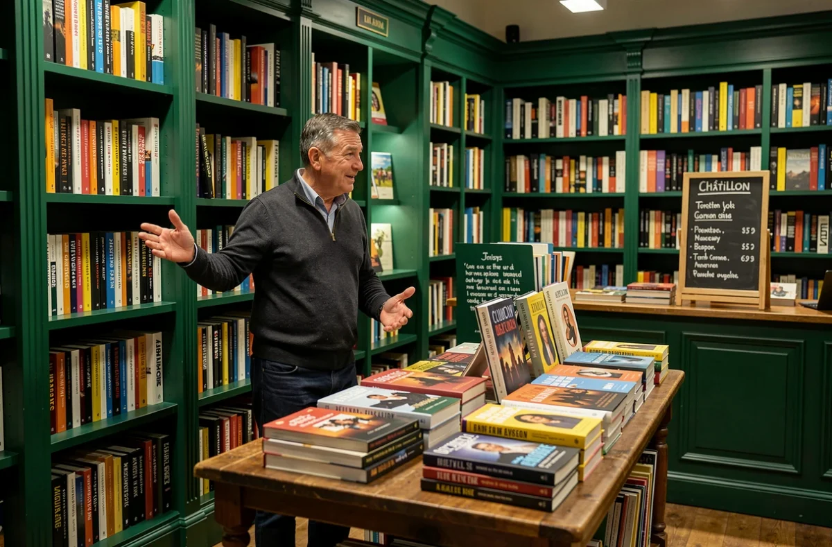 Un libraire recommande un livre à un client dans la librairie Chimère à Châtillon