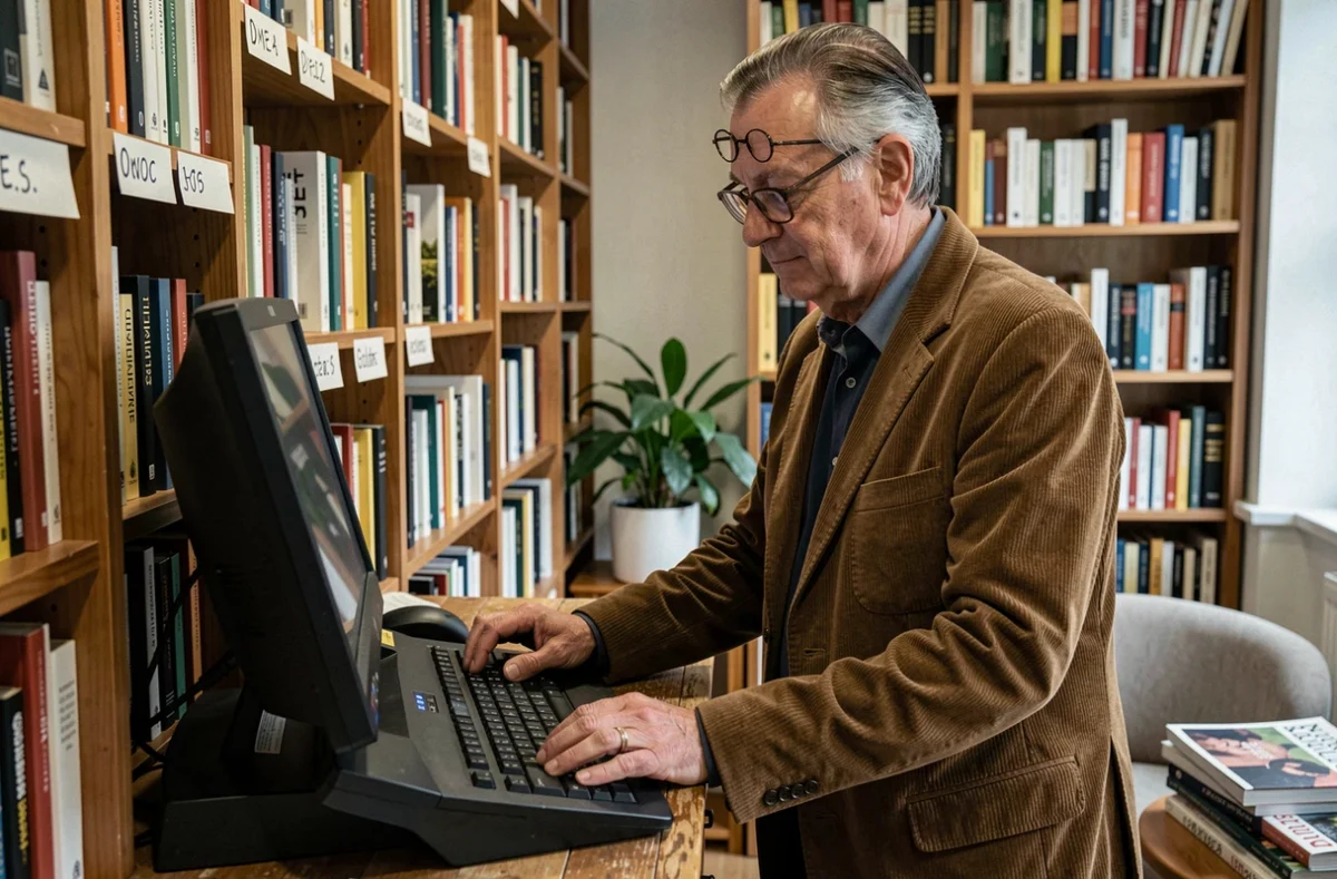 Libraire traitant une commande à son bureau dans la librairie Les Extraits à Rueil-Malmaison