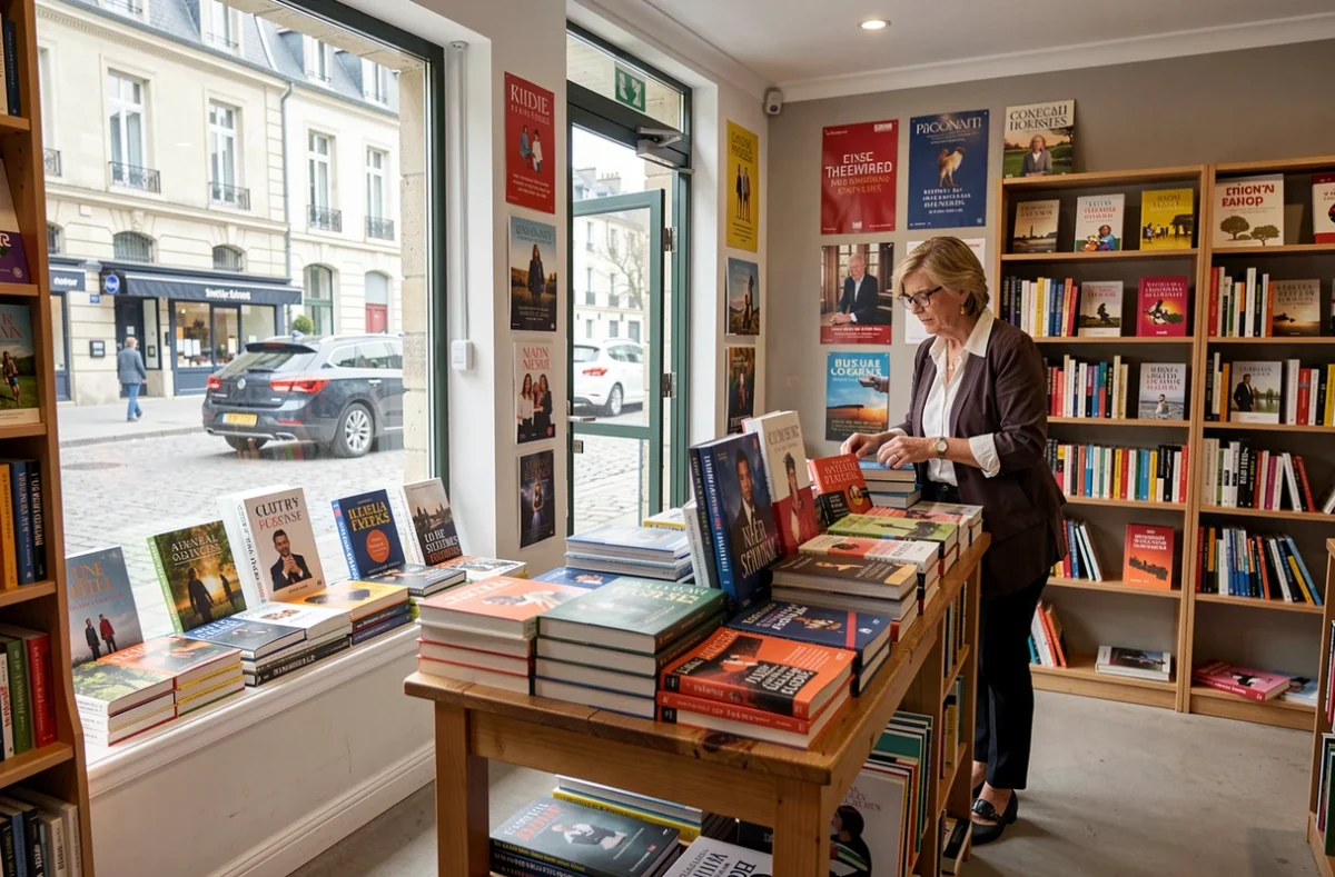 Libraire réorganisant la vitrine de la librairie Lu & Cie à Suresnes avec des nouveautés saisonnières