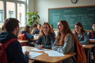 Lyceens discutant des résultats d'examen en classe